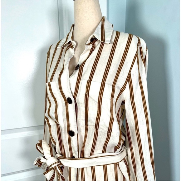 Zara linen blend striped midi dress SZ XS belted button down shirt dress summe - Picture 4 of 8